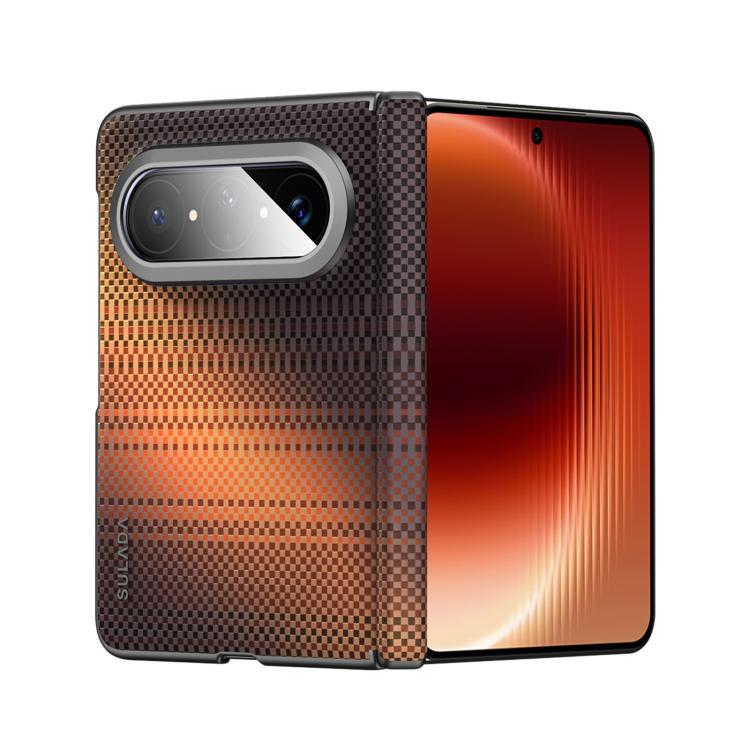 Orange woven texture magnetic leather phone case with camera cutout for foldable phone