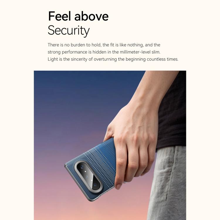 Blue woven texture magnetic phone case held in hand, camera opening visible