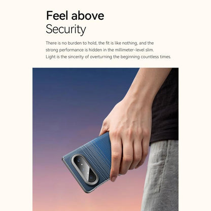 Blue woven texture magnetic phone case held in hand, camera opening visible