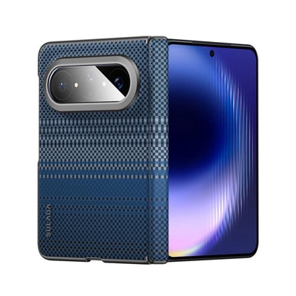 Blue woven texture magnetic leather phone case with camera cutout