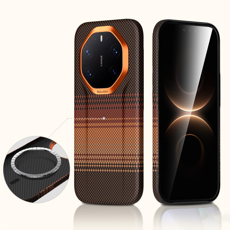 Orange woven magnetic phone case with camera cutout and side magnetic ring