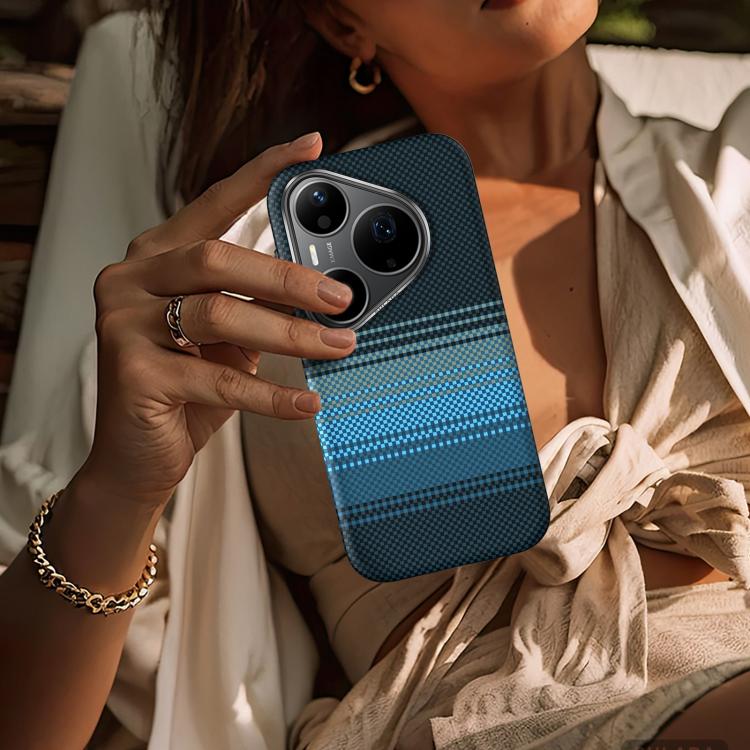Blue Kevlar-woven magnetic leather phone case with dual camera cutouts