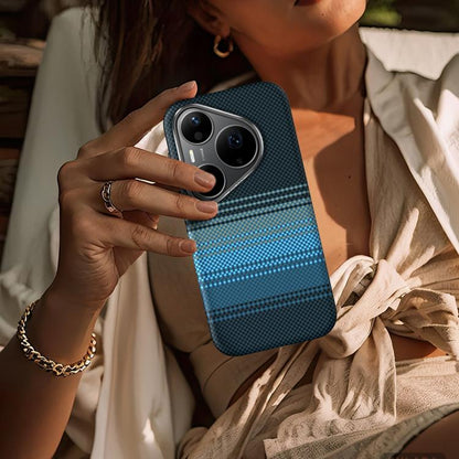 Blue Kevlar-woven magnetic leather phone case with dual camera cutouts