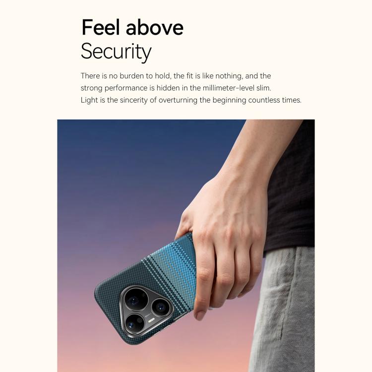 Blue Kevlar-woven magnetic leather phone case held in hand, camera cutouts visible