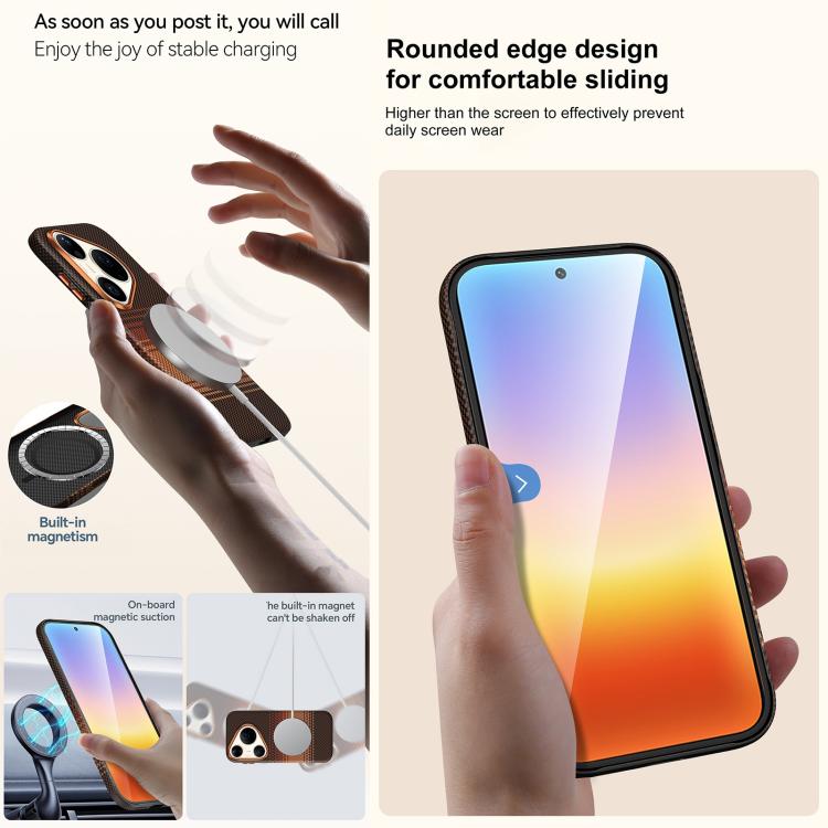 Orange Kevlar-woven magnetic leather phone case with protective lens rim