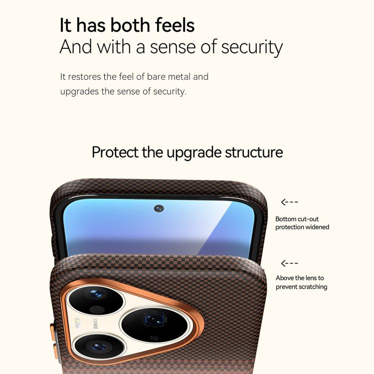 Orange Kevlar-woven magnetic leather phone case with raised camera lens protection