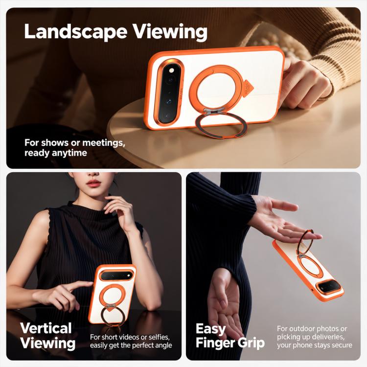 Orange and white frosted phone case with circular ring stand for viewing