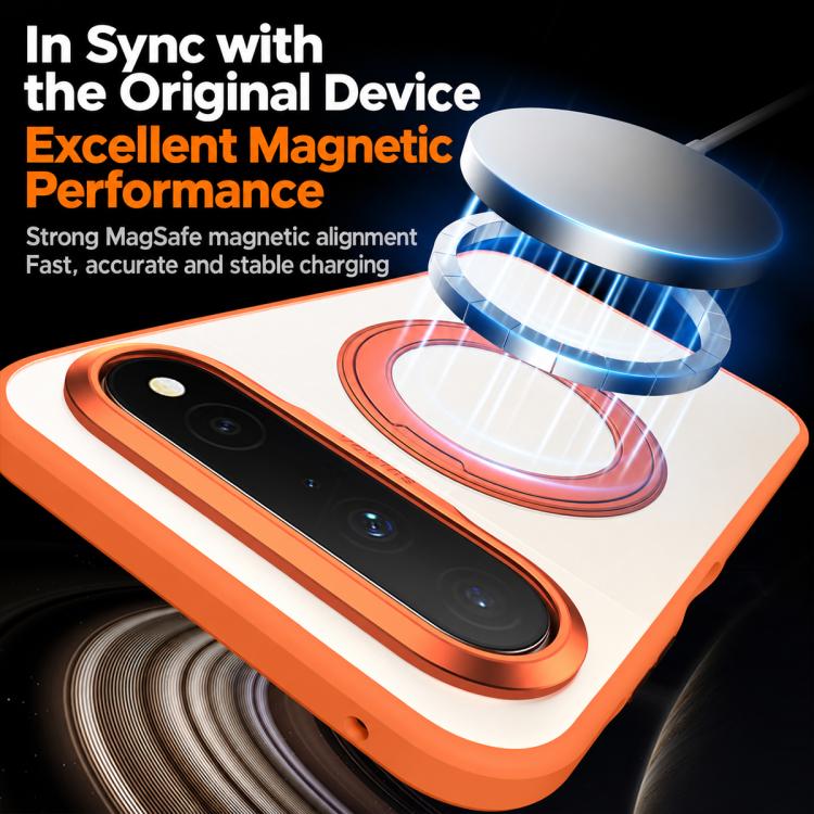 Orange frosted phone case with circular ring stand and magnetic charging area