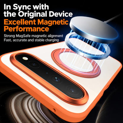 Orange frosted phone case with circular ring stand and magnetic charging area