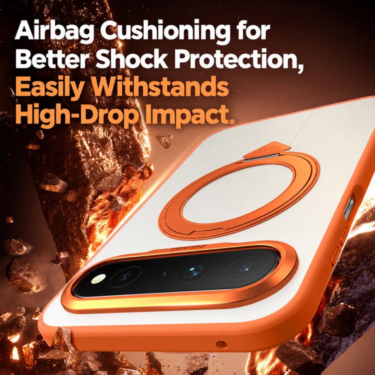 Orange frosted phone case with raised camera lens bezel and ring stand