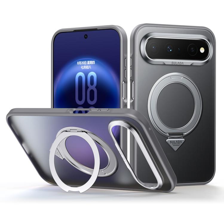 Frosted magnetic phone case with 360 rotation ring stand, gray/black