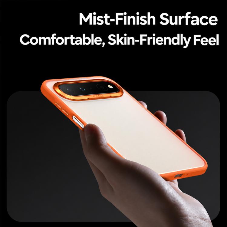 Orange and white matte phone case with raised camera bezel, held in hand