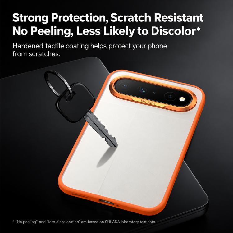 Orange-edged phone case with camera cutout and key ring loop, scratch-resistant