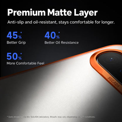 Close-up of orange-trimmed matte phone case surface near camera opening