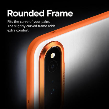 Rounded frame design on orange-trimmed phone case, showing side and camera edge