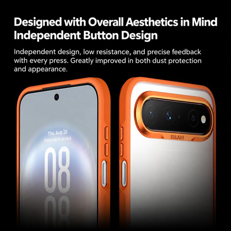 Orange matte phone case with independent button cutouts, front and back views
