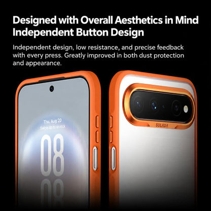 Orange matte phone case with independent button cutouts, front and back views