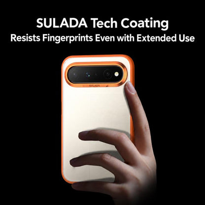 Orange-trimmed matte phone case with camera cutout, finger touch on back