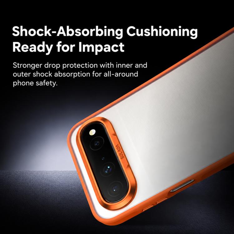 Orange-edged phone case with camera bezel, angled view for shock-absorbing design