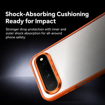 Orange-edged phone case with camera bezel, angled view for shock-absorbing design