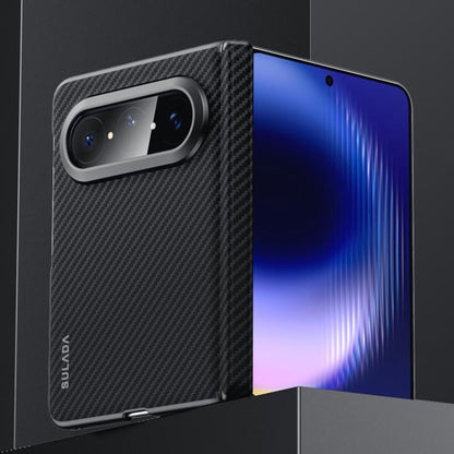 Black Kevlar-textured phone case with dual camera cutout and raised bezel edge