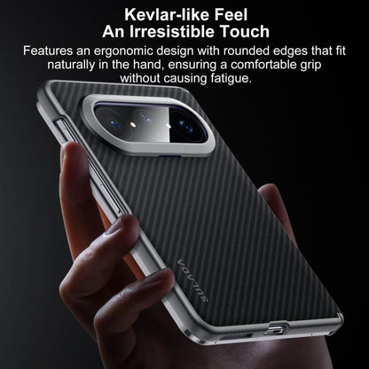 Black Kevlar-textured phone case with silver frame, rounded corners, and side cutouts