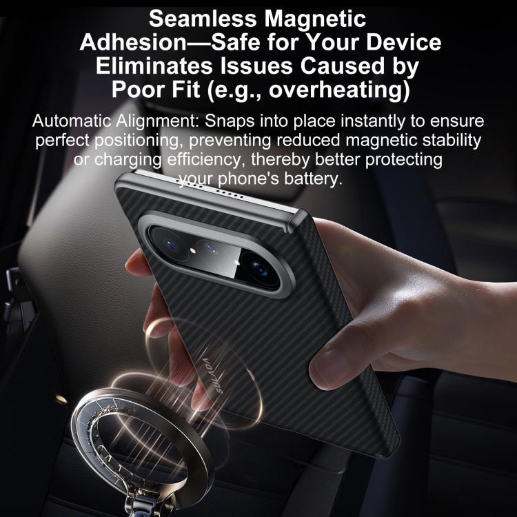 Black Kevlar-textured phone case with silver camera bezel and hand holding back