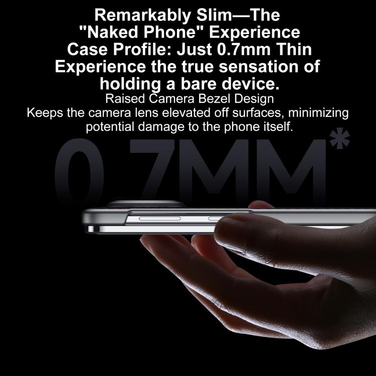 Slim black phone case with silver edges and camera cutout, side profile view