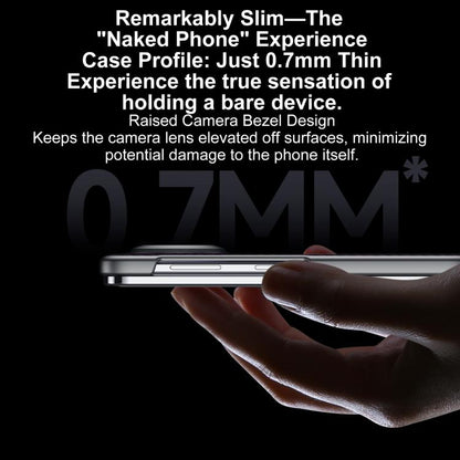 Slim black phone case with silver edges and camera cutout, side profile view
