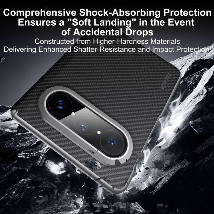 Black Kevlar-textured shockproof phone case with silver camera bezel and lens cover