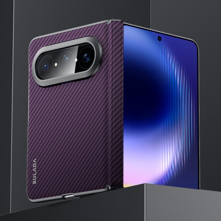 Purple carbon-textured phone case with camera cutout and raised edge