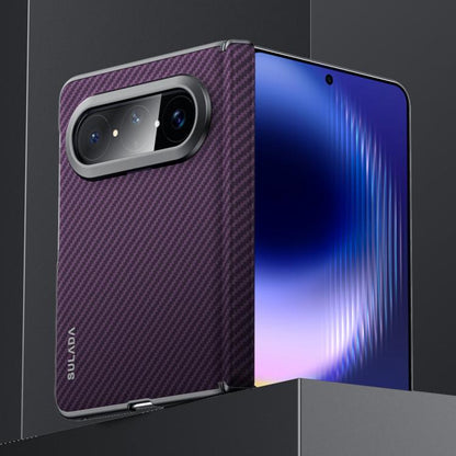 Purple carbon-textured phone case with camera cutout and raised edge