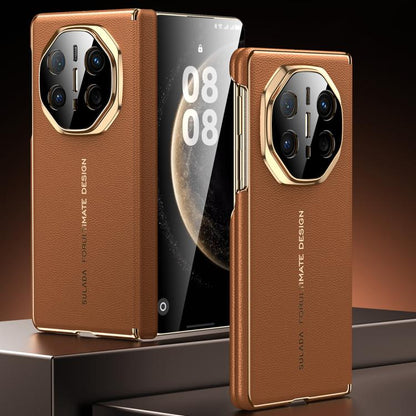 SULADA Electroplated Frame Dual-Axis Magnetic Genuine Leather Phone Case, For Huawei Mate XT / Mate XTs, For Huawei Mate X6, For Huawei Mate X5 / Mate X3