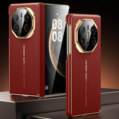 SULADA Electroplated Frame Dual-Axis Magnetic Genuine Leather Phone Case, For Huawei Mate XT / Mate XTs, For Huawei Mate X6, For Huawei Mate X5 / Mate X3