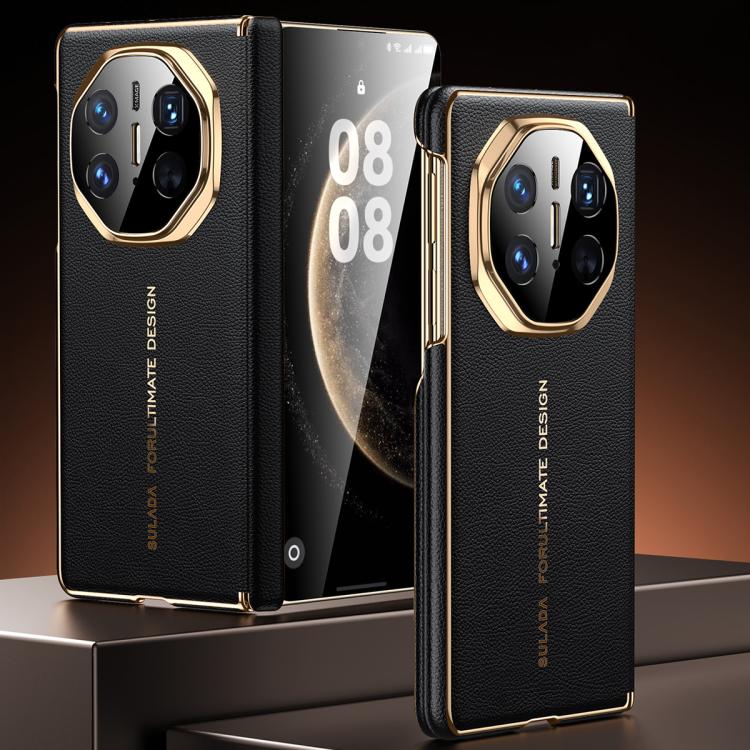 SULADA Electroplated Frame Dual-Axis Magnetic Genuine Leather Phone Case, For Huawei Mate XT / Mate XTs, For Huawei Mate X6, For Huawei Mate X5 / Mate X3