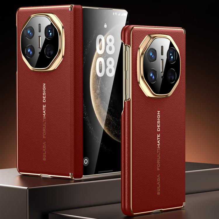 SULADA Electroplated Frame Dual-Axis Magnetic Genuine Leather Phone Case, For Huawei Mate XT / Mate XTs, For Huawei Mate X6, For Huawei Mate X5 / Mate X3
