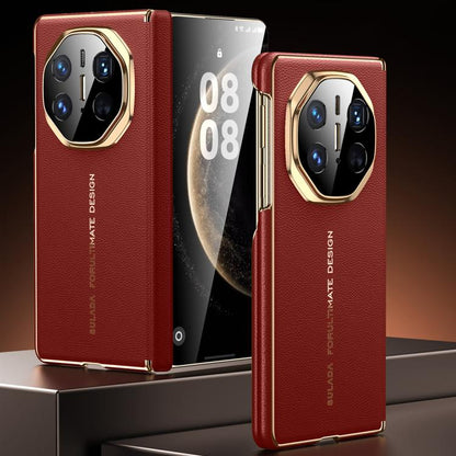 SULADA Electroplated Frame Dual-Axis Magnetic Genuine Leather Phone Case, For Huawei Mate XT / Mate XTs, For Huawei Mate X6, For Huawei Mate X5 / Mate X3