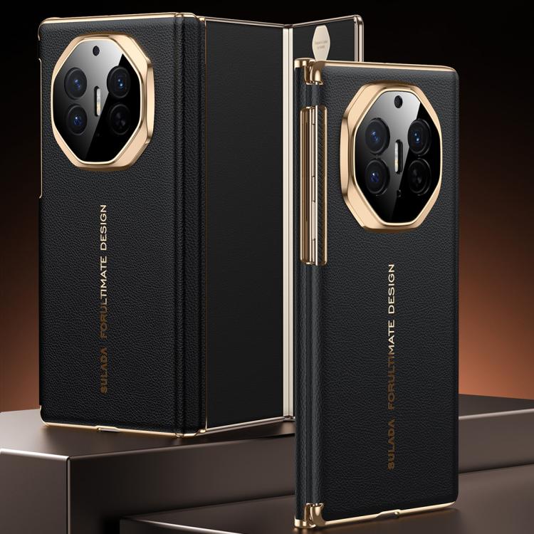 SULADA Electroplated Frame Dual-Axis Magnetic Genuine Leather Phone Case, For Huawei Mate XT / Mate XTs, For Huawei Mate X6, For Huawei Mate X5 / Mate X3