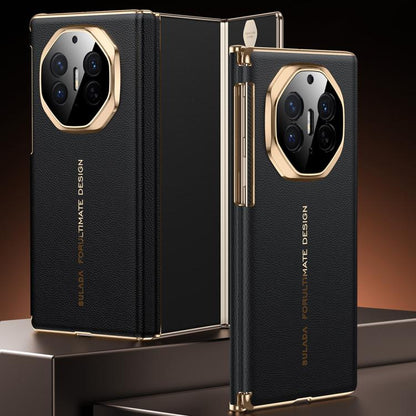 SULADA Electroplated Frame Dual-Axis Magnetic Genuine Leather Phone Case, For Huawei Mate XT / Mate XTs, For Huawei Mate X6, For Huawei Mate X5 / Mate X3