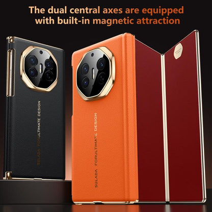 SULADA Electroplated Frame Dual-Axis Magnetic Genuine Leather Phone Case, For Huawei Mate XT / Mate XTs, For Huawei Mate X6, For Huawei Mate X5 / Mate X3