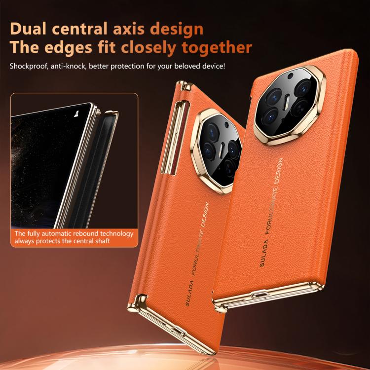 SULADA Electroplated Frame Dual-Axis Magnetic Genuine Leather Phone Case, For Huawei Mate XT / Mate XTs, For Huawei Mate X6, For Huawei Mate X5 / Mate X3
