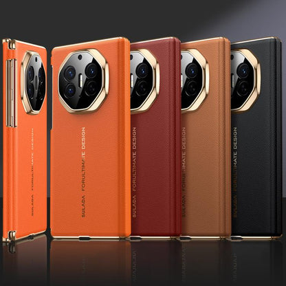 SULADA Electroplated Frame Dual-Axis Magnetic Genuine Leather Phone Case, For Huawei Mate XT / Mate XTs, For Huawei Mate X6, For Huawei Mate X5 / Mate X3
