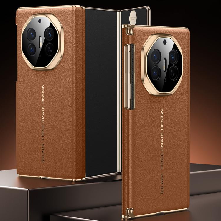 SULADA Electroplated Frame Dual-Axis Magnetic Genuine Leather Phone Case, For Huawei Mate XT / Mate XTs, For Huawei Mate X6, For Huawei Mate X5 / Mate X3