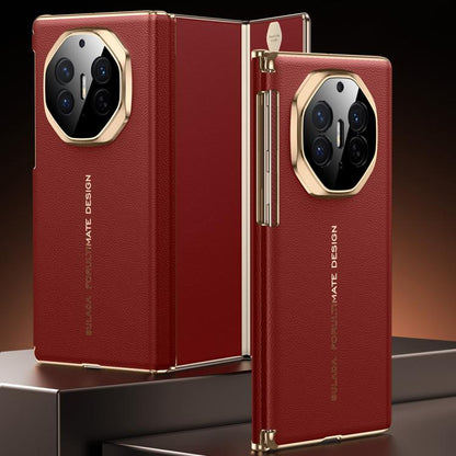 SULADA Electroplated Frame Dual-Axis Magnetic Genuine Leather Phone Case, For Huawei Mate XT / Mate XTs, For Huawei Mate X6, For Huawei Mate X5 / Mate X3
