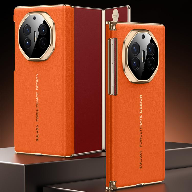 SULADA Electroplated Frame Dual-Axis Magnetic Genuine Leather Phone Case, For Huawei Mate XT / Mate XTs, For Huawei Mate X6, For Huawei Mate X5 / Mate X3