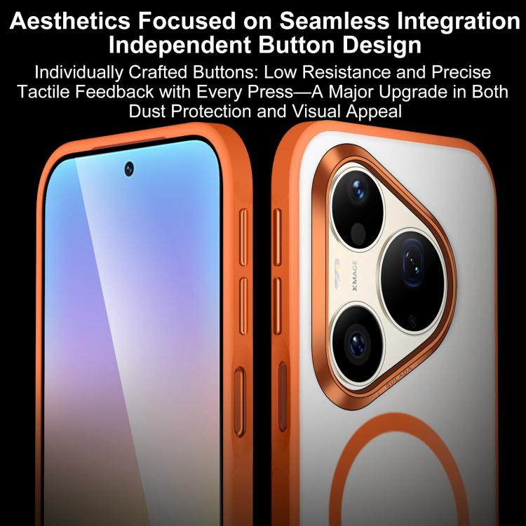 MagSafe phone case with orange trim, frosted white back showing camera cutouts