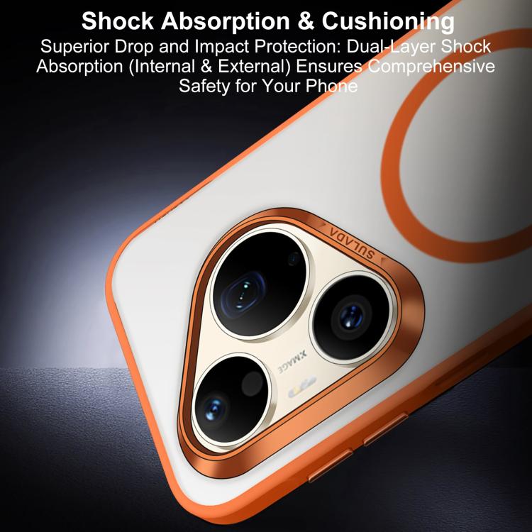 MagSafe phone case close-up, frosted white back with orange bumper and camera cutouts
