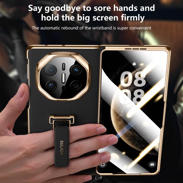 Foldable phone case with integrated wristband holder on dark leather shell