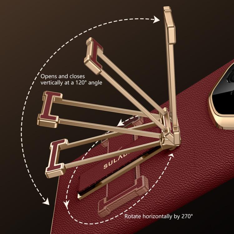 Red genuine leather phone case showing foldable wristband holder support mechanism