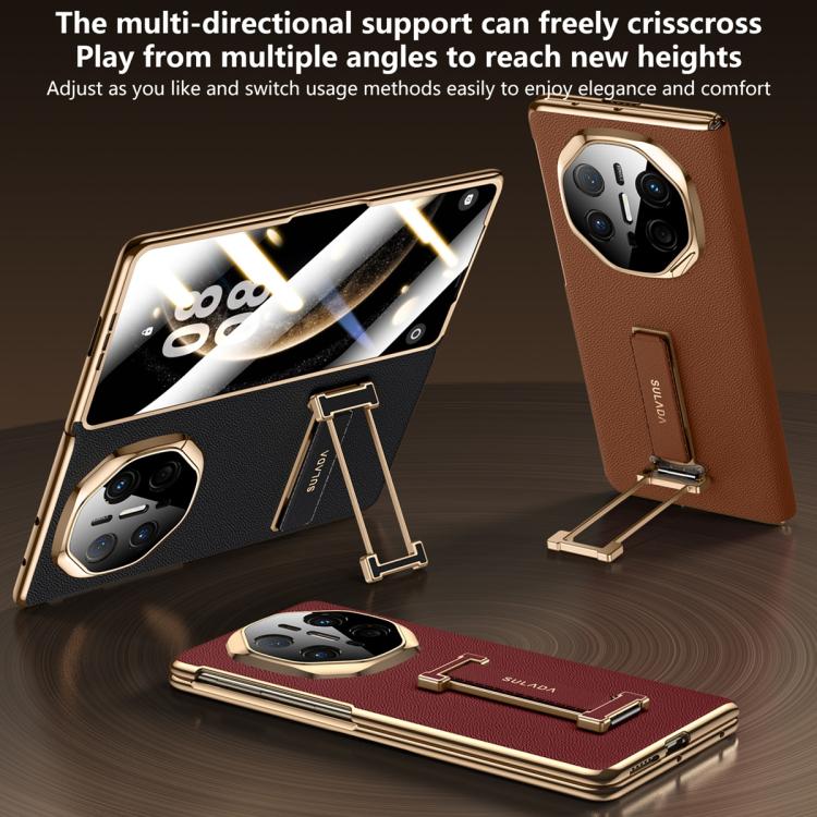 Genuine leather phone case with cross-angle wristband stand in black and brown